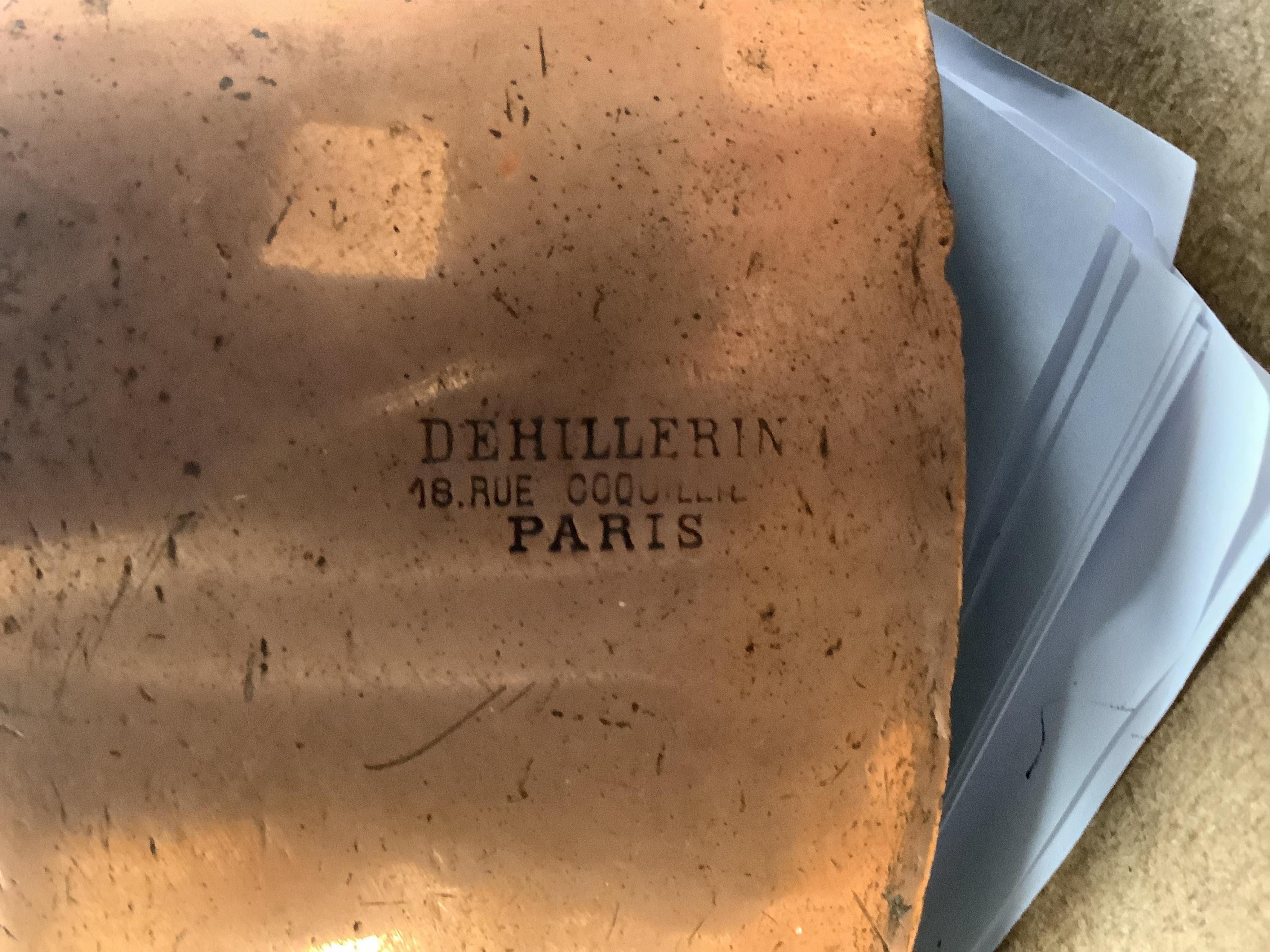 A set of five graduated copper cooking pans by E. Dehillerin of Paris, together with a copper preserve pan, 45cm. Condition - poor to fair